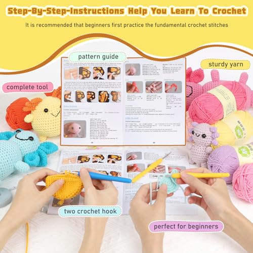 Image of Katech Axolotl Crochet Kit for Beginners, Crochet Starter Kit for Adult Learn to Crochet Animals Kit w /Step-by-Step Instructions, Knitting Set with Enough Yarn for Beginner- 3 Style
