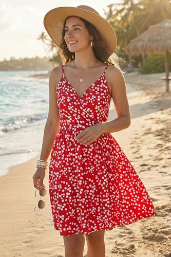Image of STYLEWORD Womens Sundress Summer Floral Wrap V Neck Backless A-Line Casual Beach Midi Dress