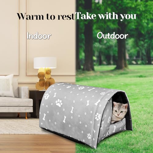 Image of Fhiny Stray Cats Shelter, Waterproof Outdoor Cat House Foldable Warm Pet Cave for Winter Wild Animal Tent Bed Anti-Slip Kitten Cave for Feral Cat Dog Puppy Weatherproof Grey-L