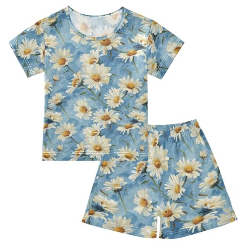 ALAZA Elegant Daisy Flowers Pajama Set Short Sleeve Sleepwear Soft Lounge Nightwear