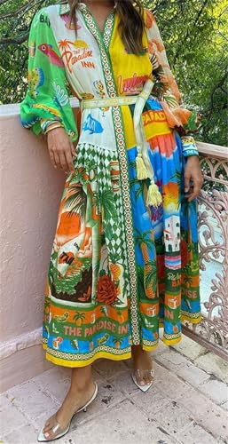 Image of Qikaka Women's Long Puff Sleeve Lapel Button Printed A-Line Sexy Nightclub Vacation Beach Belted Dress