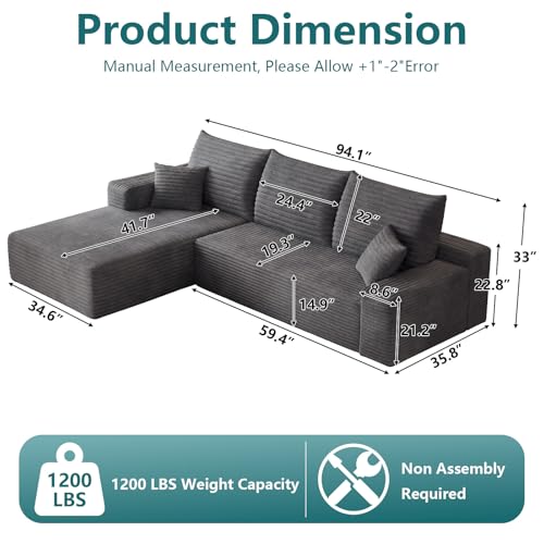 Image of 95 inch Modular Sectional Couch, Boneless L Shaped Cloud Sofa with Chaise Lounge, Corduroy Upholstered Couches Memory Foam Deep Seat, No Assembly Required, Ideal for Living Room(Dark Gray, Left Facing)
