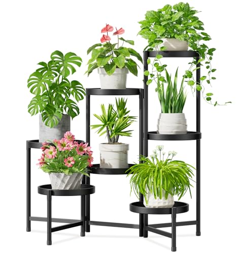 iDavosic.ly 7 Tier Large Plant Stand Indoor with 10 Inch Wide Tray, Tiered Corner Metal Outdoor Flower Display Holder Shelf, Folding Tall Rack for Patio Porch Living Room, Modern Black