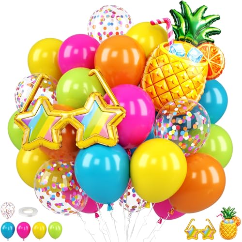 Tropical Balloons with Pineapple Foil Summer Balloons Colorful Hawaiian Balloons Yellow Blue Fruit Green Hot Pink Neon Orange for Summer Beach Pool Party Decorations Tropical Birthday Backdrop Decor