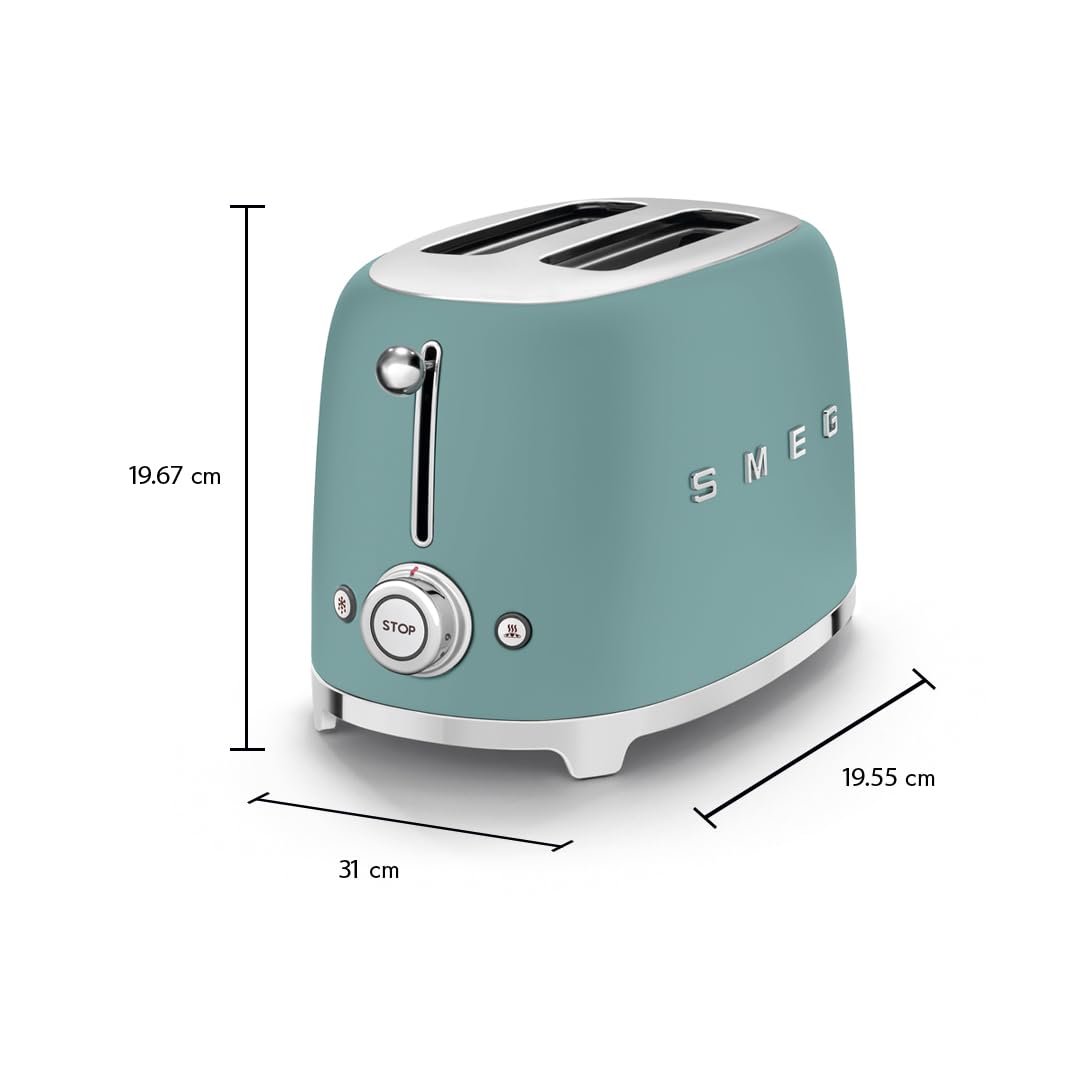 SMEG 2 Slice Toaster with 6 Presets and Defrost Function and Removable Crumb Tray (Jade)