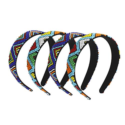 Bohemia Ethnic Beaded Headband for Women - Fashionable Handmade Hair Hoops with Multicolors - Thick Seed Bead Hair Band for Girls - Native American Hard Headband … (2 DARK + 2 LIGHT)