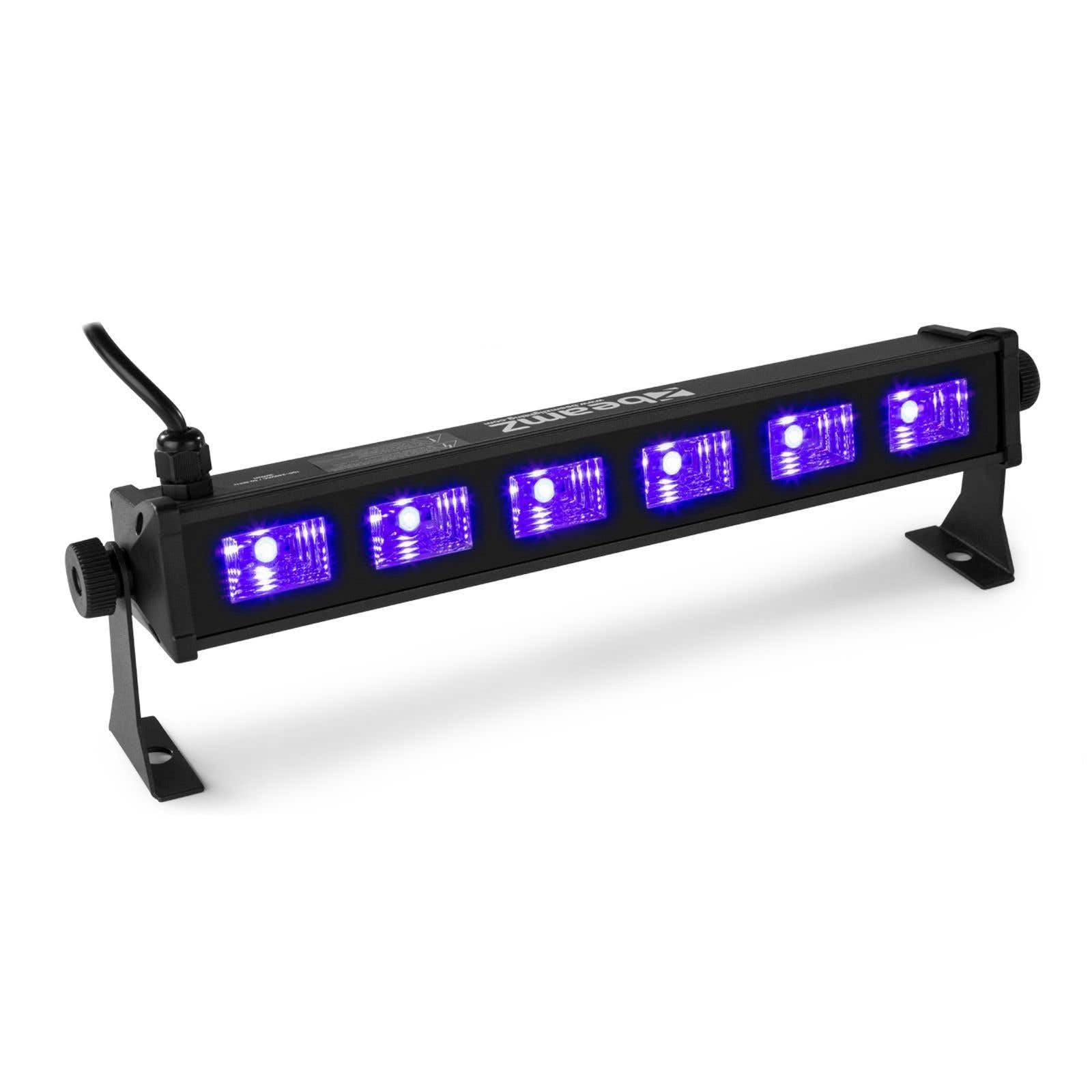 Beamz BUV63 LED Barra LED - 30 W, 6 x UV LED da 3W, Plug & Play, Alloggiamento eggero | completo di staffe | nero