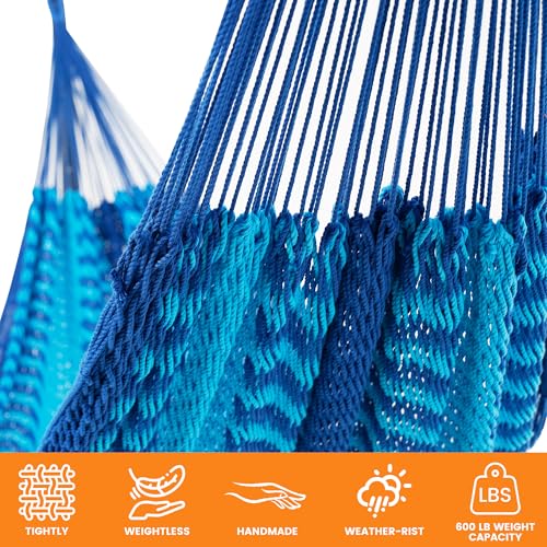 Image of Lazy Daze Hammocks Handwoven XL Mayan Hammock, 10.5 FT Soft Rope Double Hammocks, Portable Outdoor Hammock with Carry Bag, 2 Straps & Carabiners for Patio Outside, 550 lbs Capacity, Blue /Dark Blue
