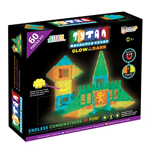 Tytan Tiles Glow in The Dark 60-Piece Magnetic Tiles Building Set Diverse Multi-Color Shapes STEM Toy Cars Creative Play Storage Bag & UV Keychain Flashlight for Drawing on Tiles Ages 3 and Up