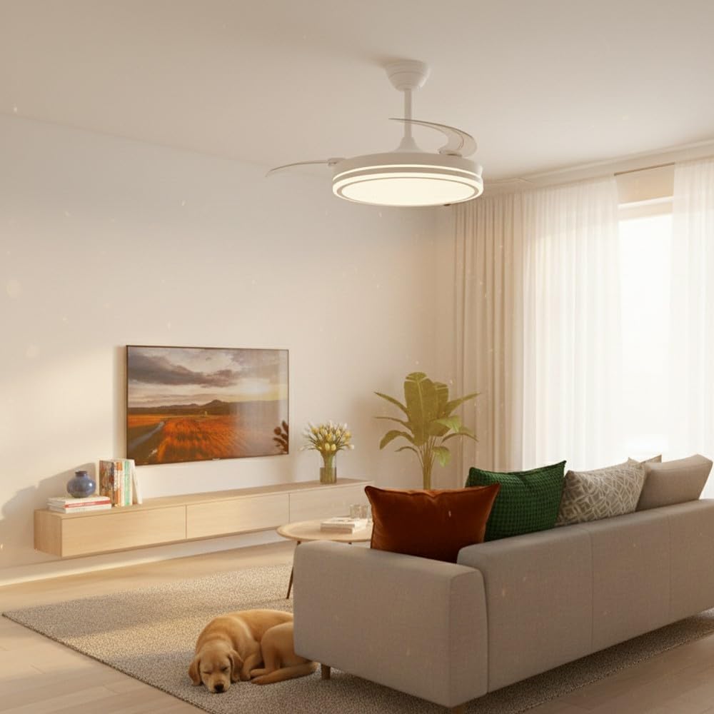 Wonderlamp Ventilateur de plafond avec pales rétractables, mode lumière nuit, ventilateur silencieux avec lumière LED 48 W Astra Eco, moteur DC 6 vitesses, réglable, télécommande, Ø106