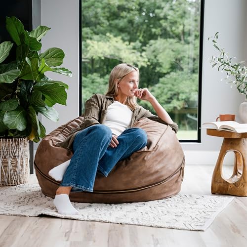 Image of Big Joe Fuf 4Ft Foam Bean Bag Chair with Removable Cover for Kids, Teens, Coffee Soft Vegan Leather, 4 Foot Large Reading and Gaming Seat | Premium Shredded Foam Filled, Soft Vegan Leather, Adult-Sized Comfortable Seating, Supports Up to 300 lbs