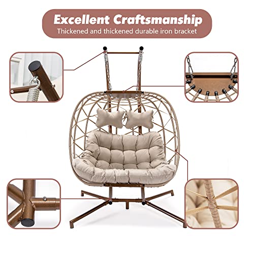 Bulexyard Outdoor Double Swing Egg Chair With Stand For Bedroom, Indoor 2 Person Hanging Chair Foldable Twins Patio Chair, Large Hand-Woven Wicker Garden Loveseat Hammock Chair W/Cream Thick Cushion #TOP4