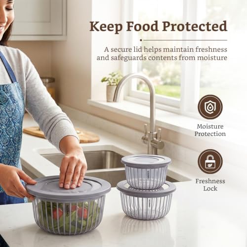 Image of Amazon Brand - Solimo Plastic Linea Storage Containers with Lid Food Grade Set of 3 (1.3L, 2.3L & 3.8L) | Stackable Kitchen Storage Bowls, BPA-Free, Multipurpose Containers (Grey)