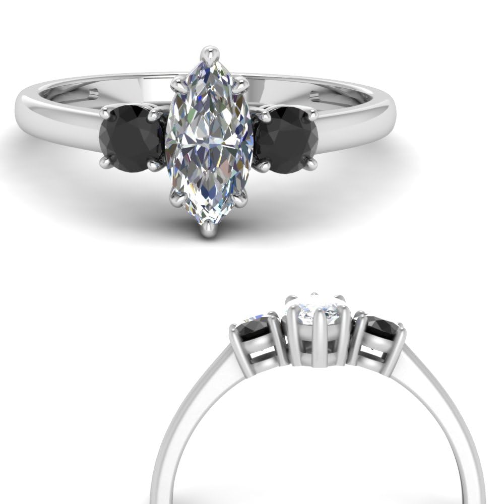 SPARK JEWEL 0.20 Ct. Marquise Shape Daimond Women's 3 Stone Engagement & Wedding Ring with Black Diamond in 14k White Gold Plated 925 Sterling Silver