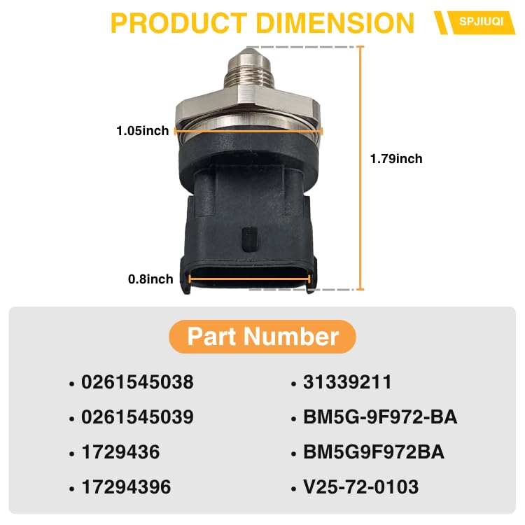0261545039 Fuel Rail Pressure Sensor for Ford Fiesta Escape Focus | 0261545038, 1729436, 17294396, 31339211, for Ford Edge Escape Explorer Fiesta Focus Fusion Taurus Transit Connect Lincoln MKZ