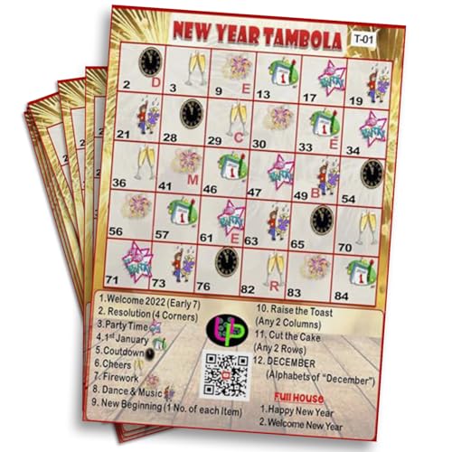 Image of New Year Tambola Tickets | Happy New Year Theme Housie Tambola Themed Bingo Game| Kitty Party Theme Housie Tickets | English | for Family & Friends (Set of 15 Tickets)