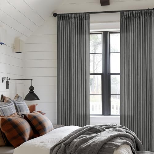 Image of Dark Grey Linen Pinch Pleated Curtains 102 Inches Long for Living Room Pleated Drapes Hooks Back Tab Thick Linen Textured Modern Farmhouse Charcoal Simple Gray 102 Inch Curtain for Dining Bedroom