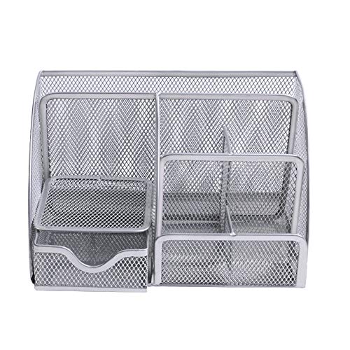 OKPOW Organisateur de Bureau, Organisation Bureau Metal Rangement Bureau Organisateur avec Tiroir pour le Bureau à Domicile 22 * 14 * 13cm, Argent