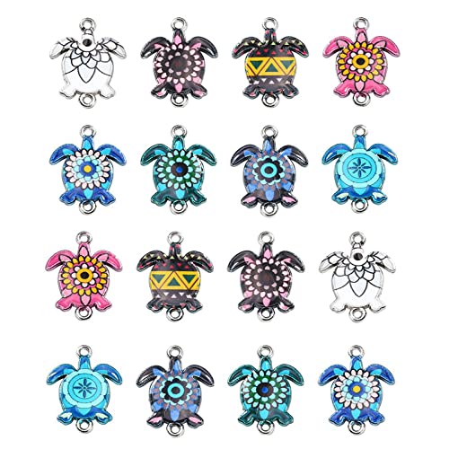 Stiesy 40Pcs 8 Colour Sea Turtle Enamel Connector Charms Tortoise Link Charms Colourful Printed Animal Dangle Charms for Jewellry Making DIY Bracelets