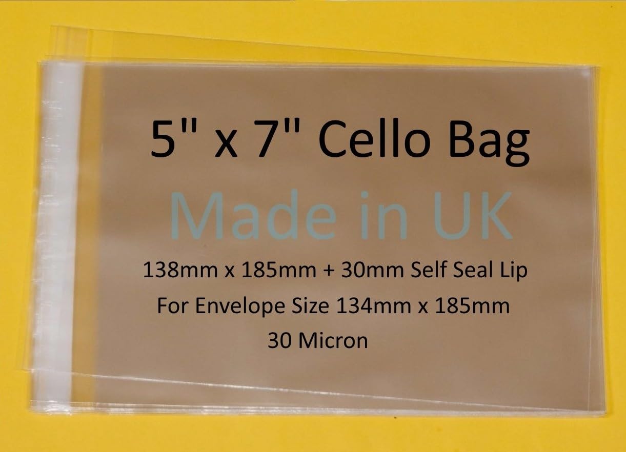 Packung zu 500 Stück - 5 X 7 Cello - Zellophan Beutel Display selbst Dichtung 30- Mikron - 138mm x 185mm + 30-mm-Klappe