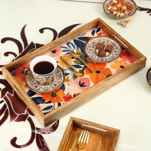 Image of Premium Wooden Rectangular Tray - 16 x 10 Inches | Tropical Leaf Pattern with Raised Edges | Durable Wood Rectangular Breakfast Tray | Wooden Serveware Trays for Tea, Snacks & Sweets, Home & Dining