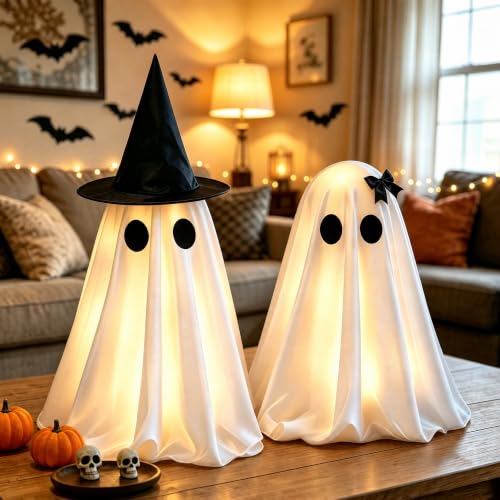 Halloween Decorations Indoor, 2 Pack Light Up Ghost Couple | Witch hat and bow ghost duo with warm LED glow for mantels and tables. Requires 4 AA batteries (not included) - image 6