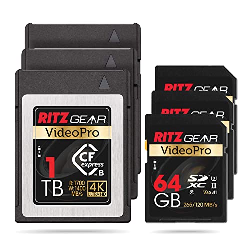 Ritz Gear VideoPro CFExpress Type B 1TB Card (1700/1400 R/W) (Attn: Not Recommended for Nikon Cameras). + UHS-II 64GB SDXC Memory Card U3 V60 A1(Pack of 3 Units)