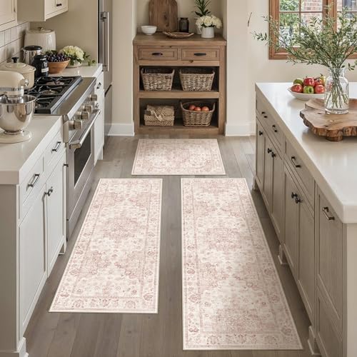 Neutral Kitchen Rug Set of 3 Washable Pink Vintage Kitchen Mats for Floor Kitchen Runner Rug Soft Low Pile for Living Room Indoor Entryway Hallway Sink