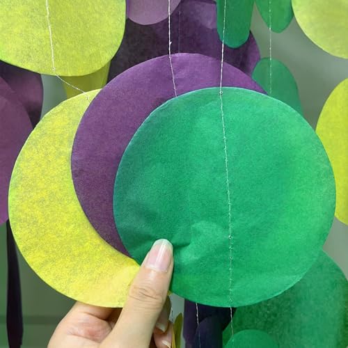 Image of 205 Ft Mardi Gras Party Decorations Purple Green Yellow Circle Dot Backdrop Garland Tissue Paper Polka Dots Hanging Streamer for Mardi Gras Birthday Wedding Baby Shower Masquerade Party Supplies