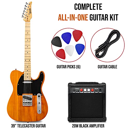 Lyxpro 39” Electric Telecaster Guitar Kit, 20 Watt Amp Speaker, Solid Full-Size Body, C-Shape Neck, Quality Tuning Heads, 3-Way Switch & Volume/Tone Controls, 12 Picks And Cable Included - Mahogany #TOP1