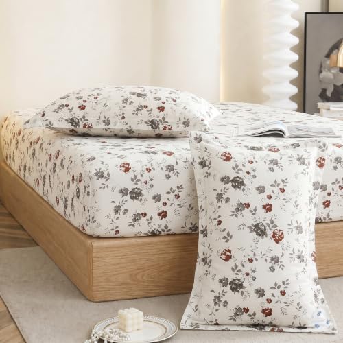 Image of IVAZA Ezyption Cotton Super Soft 240 TC Elastic Fitted All Around Elastic Printed King Size Double Bed Bedsheet with 2 Pillow Cover 72 inch X 78 inch3 Grey Flower