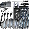 XYJ Professional Black Kitchen Knife Set with High-Carbon Steel forged Blades, Chef's Knife, Cleaver, Carving Knife, Nakiri, Full Tang Design, Includes Carrying Bag & Poultry Scissors,Christmas Gifts