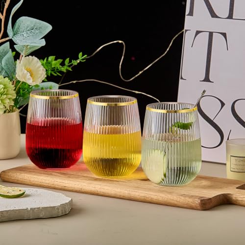Image of Lueumxc 36 Pack Plastic Wine Glasses, 15Oz Gold Rim Origami Disposable Wine Glasses Unbreakable Clear Plastic Cocktail Glasses Recyclable Shatterproof Reusable Wine Cups