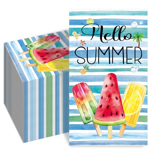 SMUAENSS 100 Pcs Summer Guest Napkins Popsicle Ice Cream Party Disposable Decorative Bathroom Hand Towels Hello Summer 3 Ply Paper Napkins for Birthday Pool Party Beach Tropical Decor