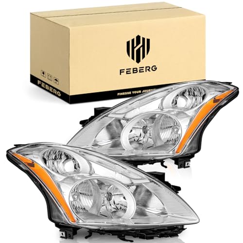 FEBERG [OE Style Anti-Yellowing Headlights for 2010-2012 Nissan Altima 4Door Sedan Headlight Assembly Pair Replacement for 10 11 12 Altima Chrome Housing Amber Reflector