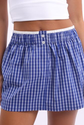 UAURORAO Women Gingham Boxer Skirt Y2k Plaid Checkered Mini Short Skirt E Girls Elastic Waistband Preppy Pencil Skirt2