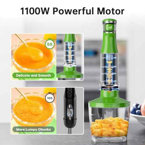 Image of Turelar Immersion Blender Handheld Corded Hand Blenders Set 1100W, Trigger Variable Speed 5 in 1 Stick Emulsifier with Chopper, Whisk and Frother for Soup, Baby Food and Smoothies, Apple Green