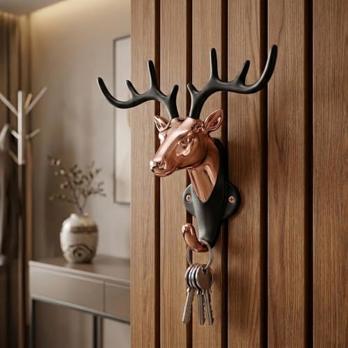 Image of Deer Head Wall Key Holder, Zinc Alloy Hanging Hooks, PVD Rose Gold Black Finish, Entryway Organiser, Home Decor, Pack of 1-| 3 Years Warranty |