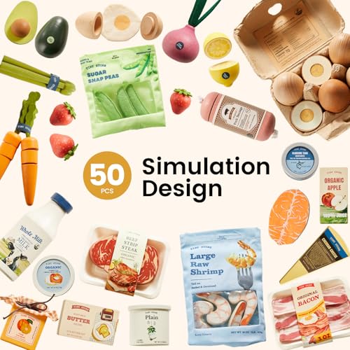 Tiny Land Wooden Play Food Set Bundle Includes 50 PCS of Fruits Veggies Meats Seafood Eggs & Dairy product thumbnail 4
