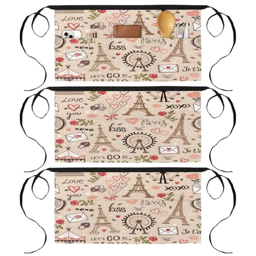 Tablier court de chef lot de 3 avec poches au motif Tour Eiffel romantique multicolore