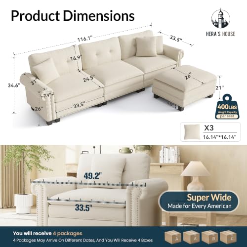 Image of HERA'S HOUSE 116 inch Oversized L Shaped Modular Sectional Couch Living Room | Mid-Century Modern 4-Seater Cloud Sofa, Beige, Rolled Arms & Nailhead Trim, Wider & Deeper Seats, Ottoman, Linen