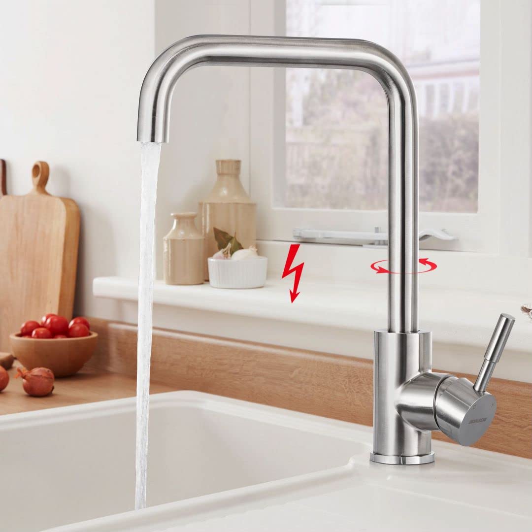 BONADE Niederdruck Armatur Küche Edelstahl, Küchenarmatur Niederdruck 360° Drehung, Spültischarmatur Mischbatterie Einhandmischer für Küche, Wasserhahn Küche Niederdruck 3 Anschlüsse an den Boiler