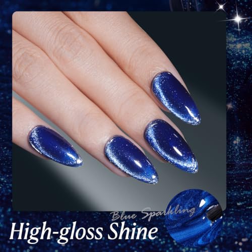 Image of AZUREBEAUTY 18ML Navy Blue Cat Eye Magnetic Gel Nail Polish | Blue Glitter Gel Polish Magnetic Shimmer Effect Soak Off UV French Nail Art Design Salon DIY Manicure Gift for Women