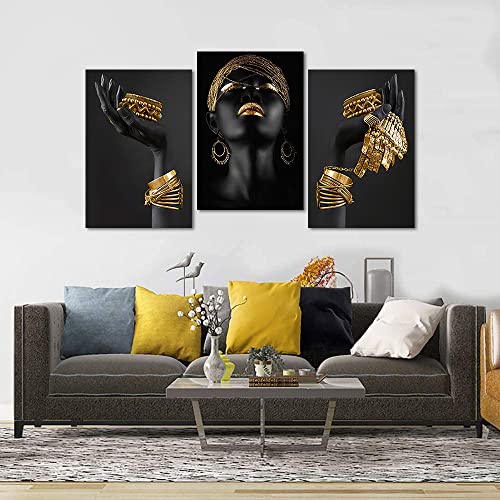 3 Piece Wall Art For Living Room, African American Woman Canvas Wall Art Fashion Black Women Painting Gold Jewelry Necklace Bracelet Pictures Prints Artwork For Bedroom Home Decor Framed 24"Wx36"H X3 #TOP3