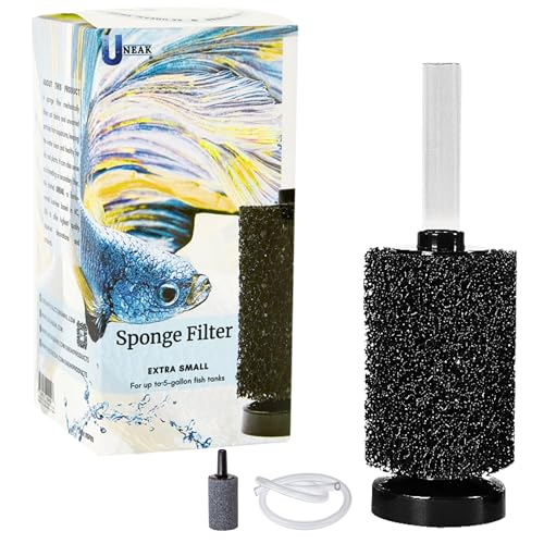 UNEAK Extra Small Aquarium Sponge Filter Fish Tank Silent Filteration Breeding Fry Betta Shrimp Nano Tank Accessories Air Stone 4-inch Airline Tubing up to 5 Gallon