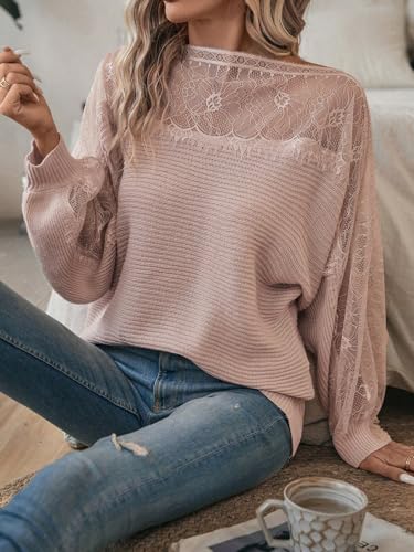 WDIRARA Women's Contrast Lace Boat Neck Mesh Long Sleeve Sweater Ribbed Knit Pullovers4