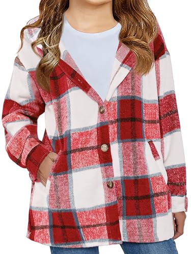 Image of Girls Cute Flannel Plaid Button Down Top with Pockets Long Sleeve Hooded Jacket