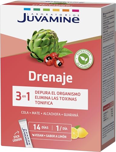 JUVAMINE - Programa 14 Días Drenaje - 14 Sticks Líquidos - Sabor Limón - Ayuda a la Eliminación de Líquidos y Toxinas - Tonifica - Detox - Alcachofa - Mate - Cola - Guaraná - Formato Práctico