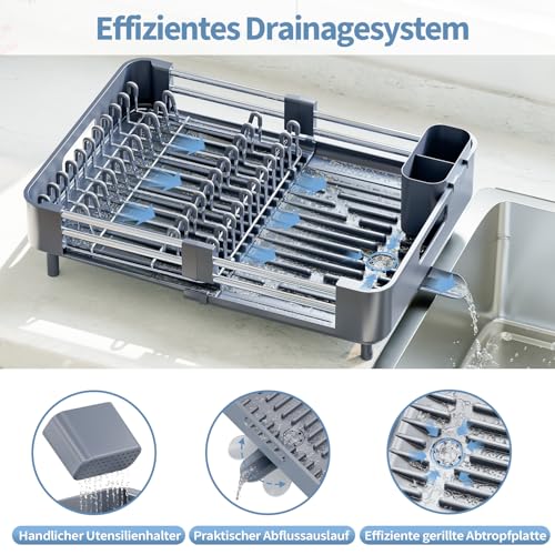 KINGRACK Dish Drainer Rack - Extendable Dish Rack, Stainless Steel Dish Drainer for Kitchen Counter, Draining Board Rack with Removable Cutlery Holder, Gray - Image 6