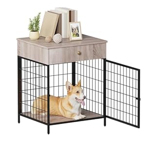 Decorative Grey Steel-Tube Dog Kennel Table with Drawer, Chew-Proof Indoor Pet Crate End Table for Small Dogs